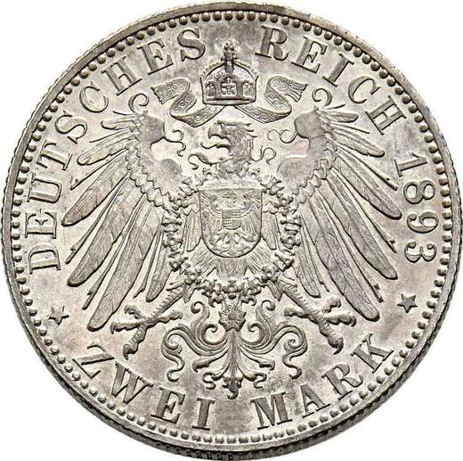 Реверс монеты - 2 марки 1893 года F "Вюртемберг" - цена серебряной монеты - Германия, Германская Империя