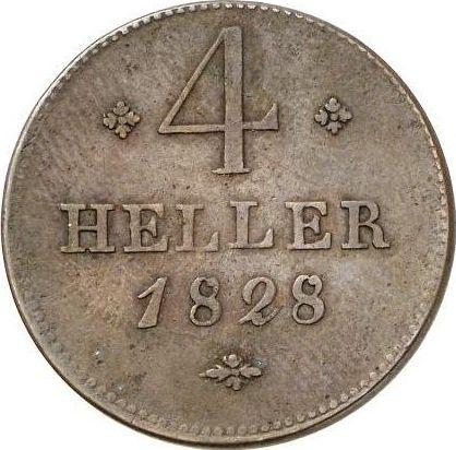 Реверс монеты - 4 геллера 1828 года - цена  монеты - Гессен-Кассель, Вильгельм II