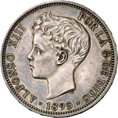 Аверс монеты - 5 песет 1895 года PGV - цена серебряной монеты - Испания, Альфонсо XIII
