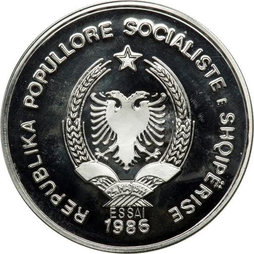 Reverso Pruebas 50 leke 1986 "Ferrocarril" Platino - valor de la moneda de platino - Albania, República Popular