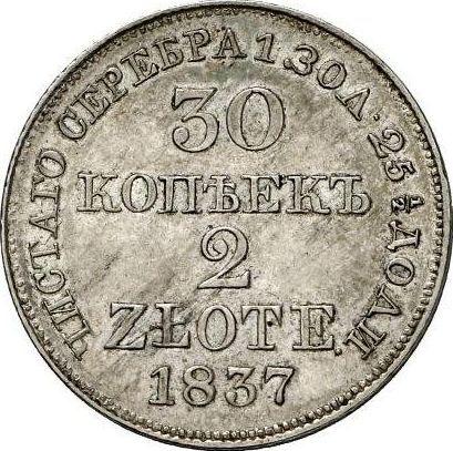 Reverso 30 kopeks - 2 eslotis 1837 MW Cola espadañada - valor de la moneda de plata - Polonia, Dominio Ruso