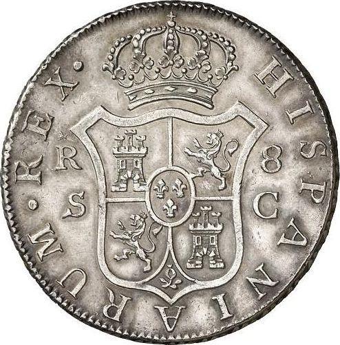 Реверс монеты - 8 реалов 1791 года S C - цена серебряной монеты - Испания, Карл IV
