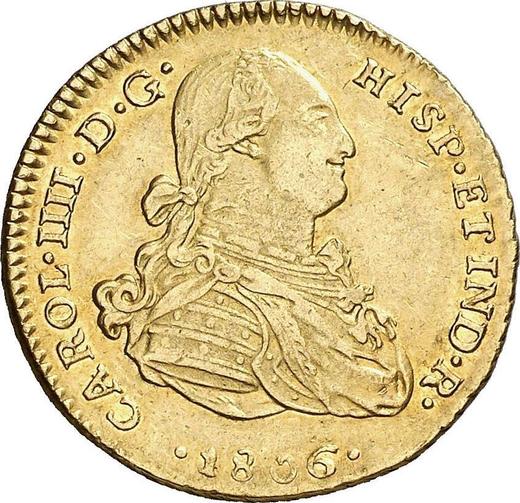 Awers monety - 2 escudo 1806 JP - cena złotej monety - Peru, Karol IV