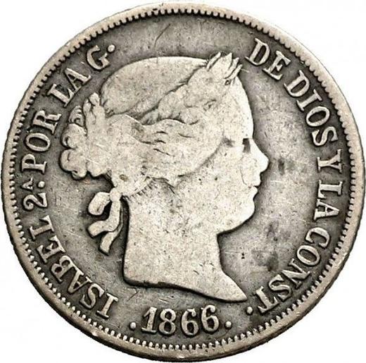 Аверс монеты - 20 сентимо эскудо 1866 года Шестиконечные звёзды - цена серебряной монеты - Испания, Изабелла II