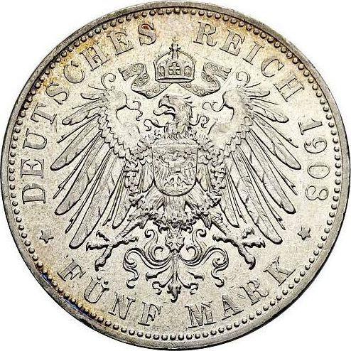 Reverso 5 marcos 1908 D "Sajonia-Meiningen" - valor de la moneda de plata - Alemania, Imperio alemán