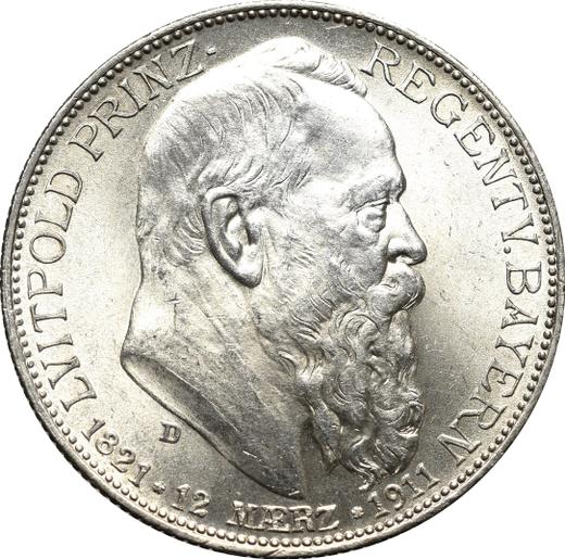 Аверс монеты - 2 марки 1911 года D "Бавария" 90 лет со дня рождения - цена серебряной монеты - Германия, Германская Империя