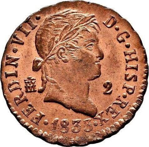 Аверс монеты - 2 мараведи 1833 года - цена  монеты - Испания, Фердинанд VII