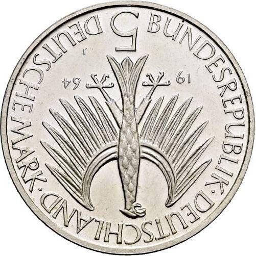 Реверс монеты - 5 марок 1964 года J "Фихте" Поворот штемпеля - цена серебряной монеты - Германия, ФРГ