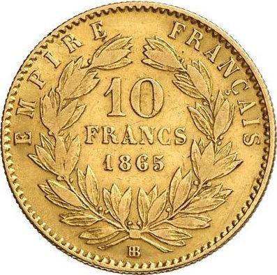 Reverso 10 francos 1865 BB "Tipo 1861-1868" Estrasburgo - valor de la moneda de oro - Francia, Napoleón III Bonaparte