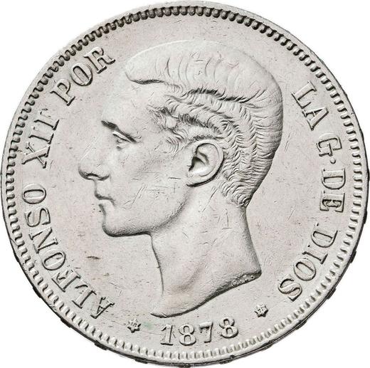 Аверс монеты - 5 песет 1878 года DEM - цена серебряной монеты - Испания, Альфонсо XII