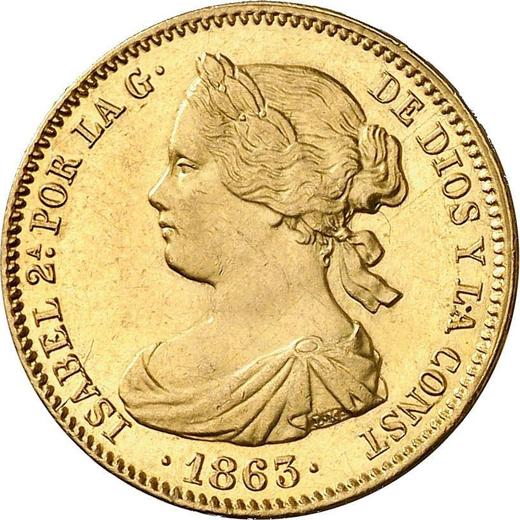 Аверс монеты - 100 реалов 1863 года Шестиконечные звёзды - цена золотой монеты - Испания, Изабелла II