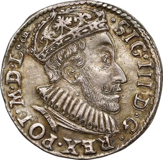 Аверс монеты - Трояк (3 гроша) 1588 года ID "Олькушский монетный двор" "CR" перед короной - цена серебряной монеты - Польша, Сигизмунд III Ваза