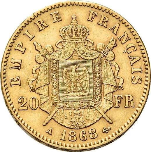 Reverso 20 francos 1868 A "Tipo 1861-1870" París - valor de la moneda de oro - Francia, Napoleón III Bonaparte
