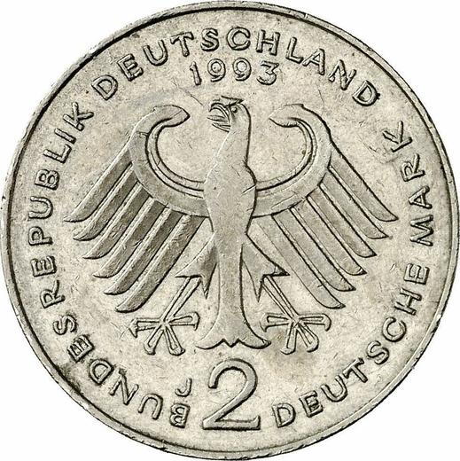 Реверс монеты - 2 марки 1993 года J "Людвиг Эрхард" - цена  монеты - Германия, ФРГ