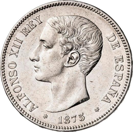 Аверс монеты - 5 песет 1875 года DEM - цена серебряной монеты - Испания, Альфонсо XII
