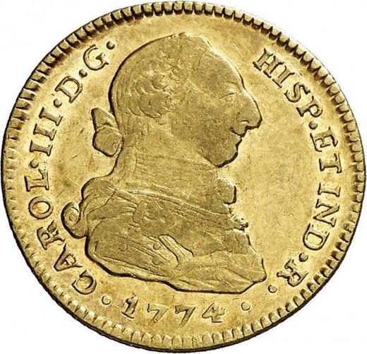 Аверс монеты - 2 эскудо 1774 года P JS - цена золотой монеты - Колумбия, Карл III
