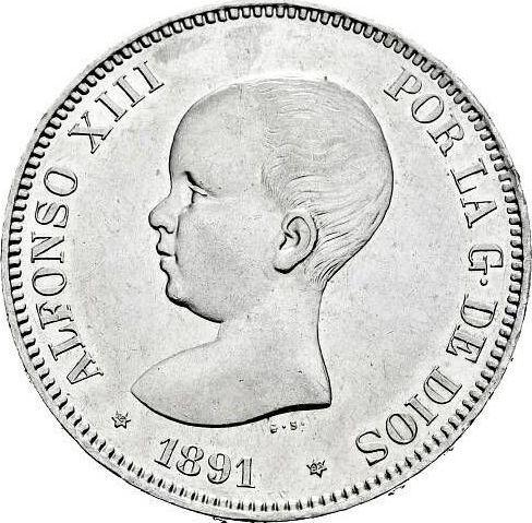 Аверс монеты - 5 песет 1891 года PGM - цена серебряной монеты - Испания, Альфонсо XIII