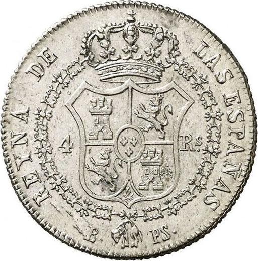 Реверс монеты - 4 реала 1838 года B PS - цена серебряной монеты - Испания, Изабелла II