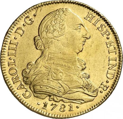 Аверс монеты - 8 эскудо 1781 года P SF - цена золотой монеты - Колумбия, Карл III