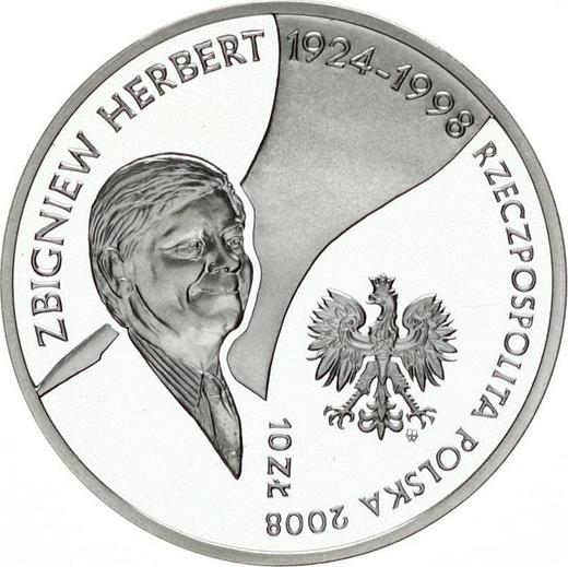 Аверс монеты - 10 злотых 2008 года MW KK "10 лет со дня смерти Збигнева Херберта" - цена серебряной монеты - Польша, III Республика после деноминации