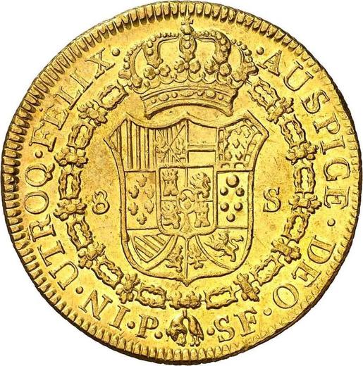 Реверс монеты - 8 эскудо 1786 года P SF - цена золотой монеты - Колумбия, Карл III