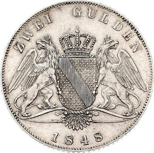 Reverso 2 florines 1848 D - valor de la moneda de plata - Baden, Leopoldo I de Baden