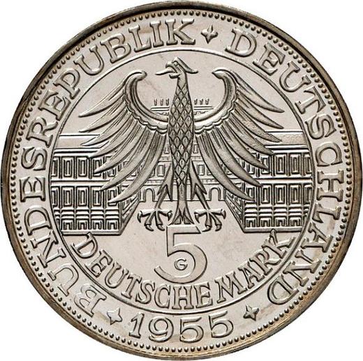 Reverso 5 marcos 1955 G "Markgraf von Baden" - valor de la moneda de plata - Alemania, RFA