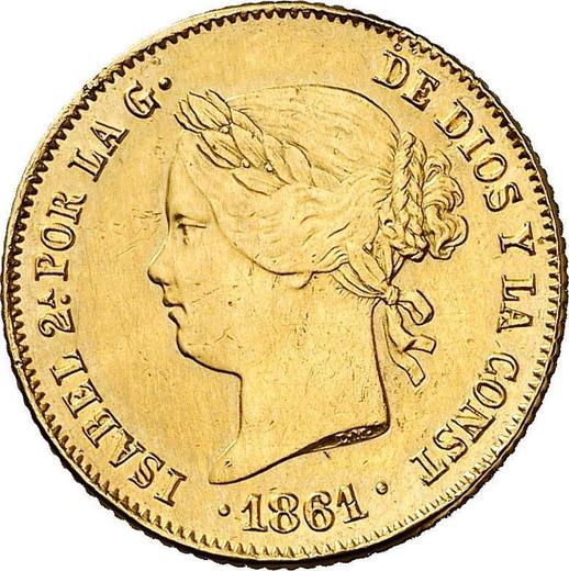 Аверс монеты - 4 песо 1861 года - цена золотой монеты - Филиппины, Изабелла II