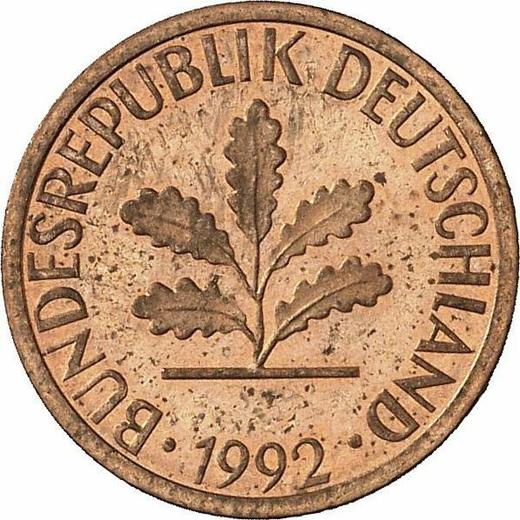 Реверс монеты - 1 пфенниг 1992 года J - цена  монеты - Германия, ФРГ