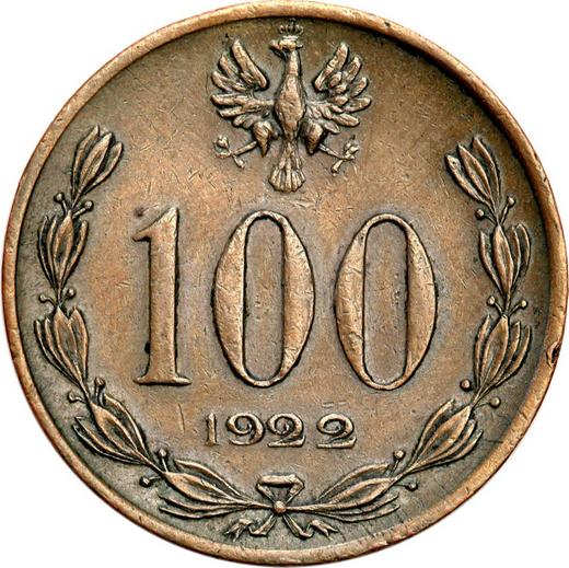 Аверс монеты - Пробные 100 марок 1922 года "Юзеф Пилсудский" Бронза - цена  монеты - Польша, II Республика