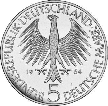 Reverso 5 marcos 1964 J "Fichte" - valor de la moneda de plata - Alemania, RFA