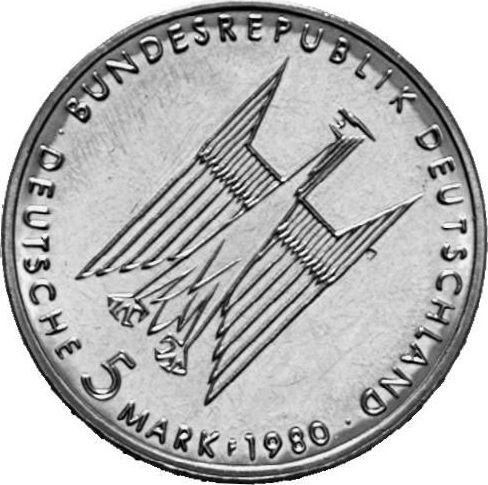 Реверс монеты - 5 марок 1980 года F "Кёльнский собор" Поворот штемпеля - цена  монеты - Германия, ФРГ