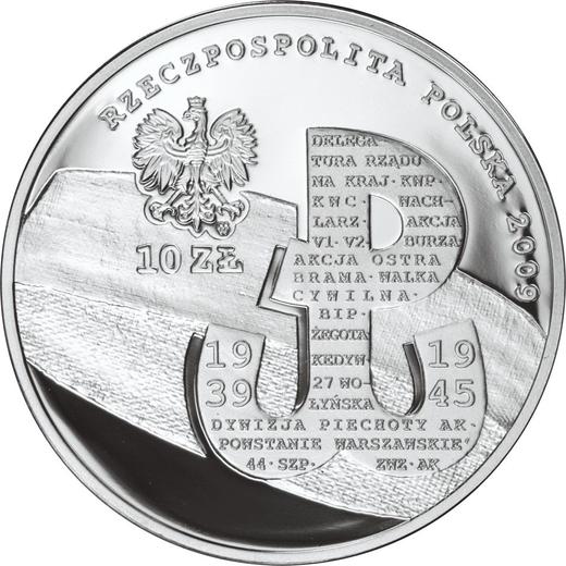 Аверс монеты - 10 злотых 2009 года MW UW "70 лет Польскому подпольному движению" - цена серебряной монеты - Польша, III Республика после деноминации