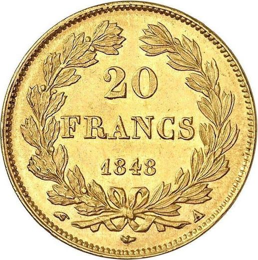 Reverso 20 francos 1848 A "Tipo 1832-1848" París - valor de la moneda de oro - Francia, Luis Felipe I