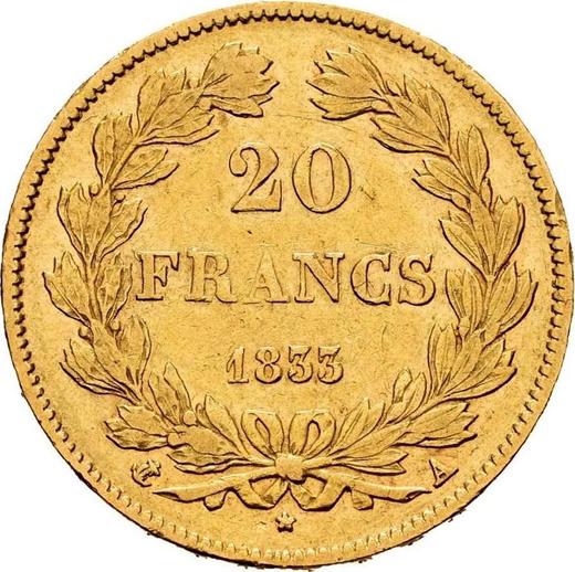 Реверс монеты - 20 франков 1833 года A "Тип 1832-1848" Париж - цена золотой монеты - Франция, Луи-Филипп I