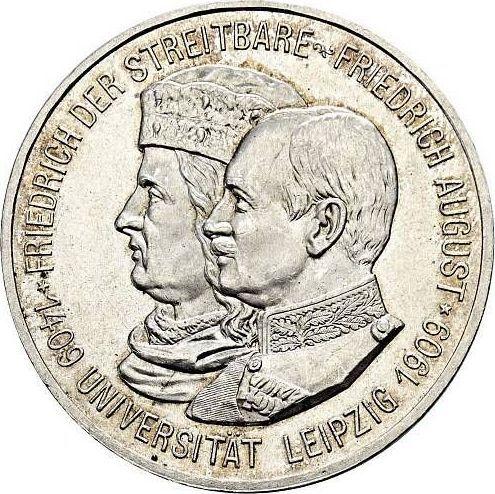 Аверс монеты - 5 марок 1909 года "Саксония" Лейпцигский университет - цена серебряной монеты - Германия, Германская Империя