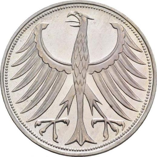 Реверс монеты - 5 марок 1965 года G - цена серебряной монеты - Германия, ФРГ
