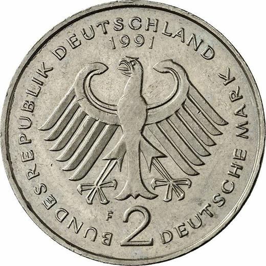 Reverso 2 marcos 1991 F "Kurt Schumacher" - valor de la moneda  - Alemania, RFA
