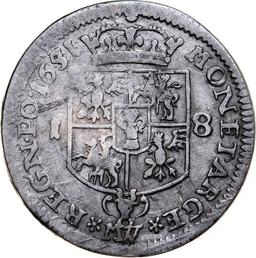 Reverso Ort (18 groszy) 1651 MW "Tipo 1650-1655" - valor de la moneda de plata - Polonia, Juan II Casimiro