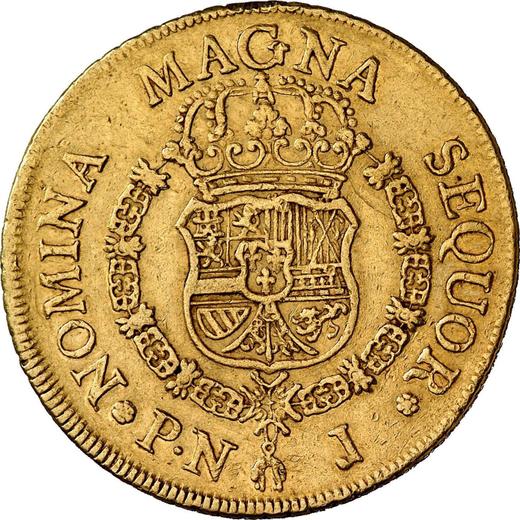 Реверс монеты - 8 эскудо 1758 года PN J - цена золотой монеты - Колумбия, Фердинанд VI