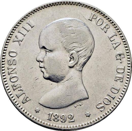 Аверс монеты - 5 песет 1892 года PGM "Тип 1888-1892" - цена серебряной монеты - Испания, Альфонсо XIII