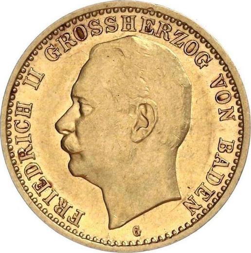 Аверс монеты - 10 марок 1909 года G "Баден" - цена золотой монеты - Германия, Германская Империя