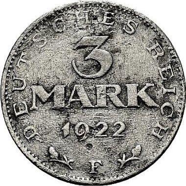 Rewers monety - 3 marki 1922 F - cena  monety - Niemcy, Republika Weimarska