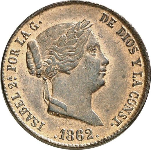 Аверс монеты - 25 сентимо реал 1862 года - цена  монеты - Испания, Изабелла II