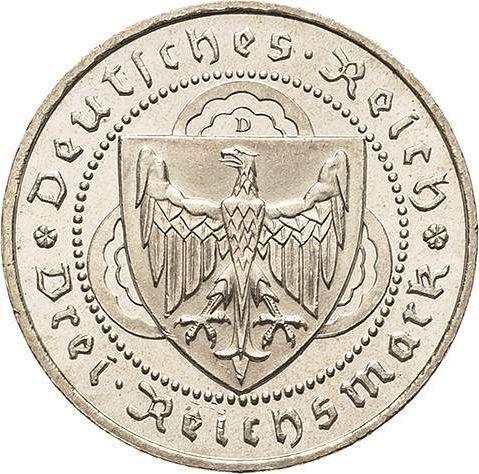 Anverso 3 Reichsmarks 1930 D "Vogelweide" - valor de la moneda de plata - Alemania, República de Weimar