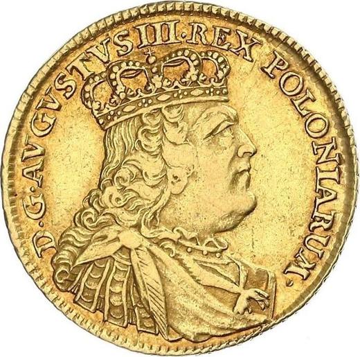 Anverso 5 táleros (1 augustdor) 1754 EC "de Corona" - valor de la moneda de oro - Polonia, Augusto III