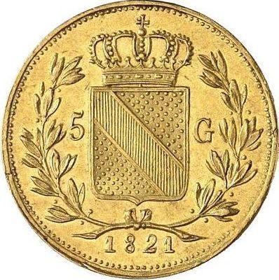 Реверс монеты - 5 гульденов 1821 года - цена золотой монеты - Баден, Людвиг I