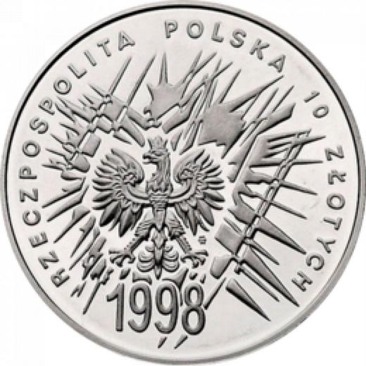 Аверс монеты - 10 злотых 1998 года MW ET "90 лет независимости Польши" - цена серебряной монеты - Польша, III Республика после деноминации