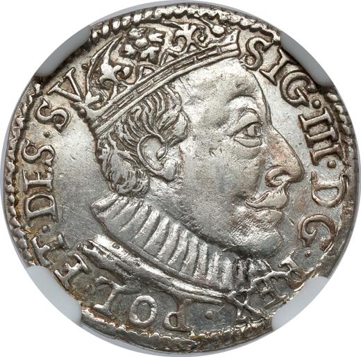 Аверс монеты - Трояк (3 гроша) 1588 года ID "Олькушский монетный двор" Надпись "ET DES SV" - цена серебряной монеты - Польша, Сигизмунд III Ваза