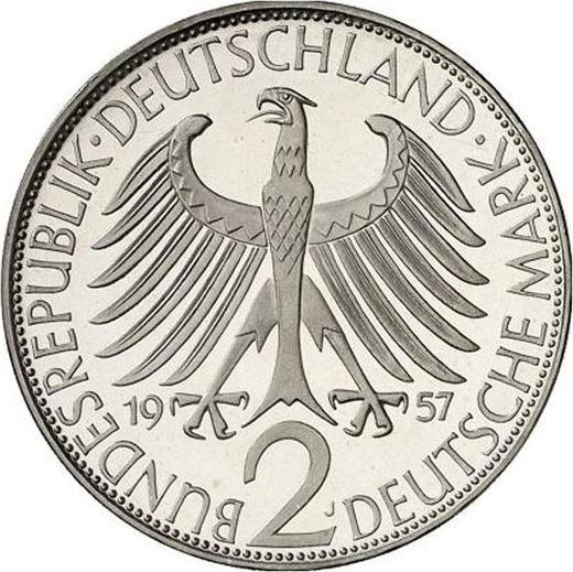 Reverso 2 marcos 1957 J "Max Planck" - valor de la moneda  - Alemania, RFA